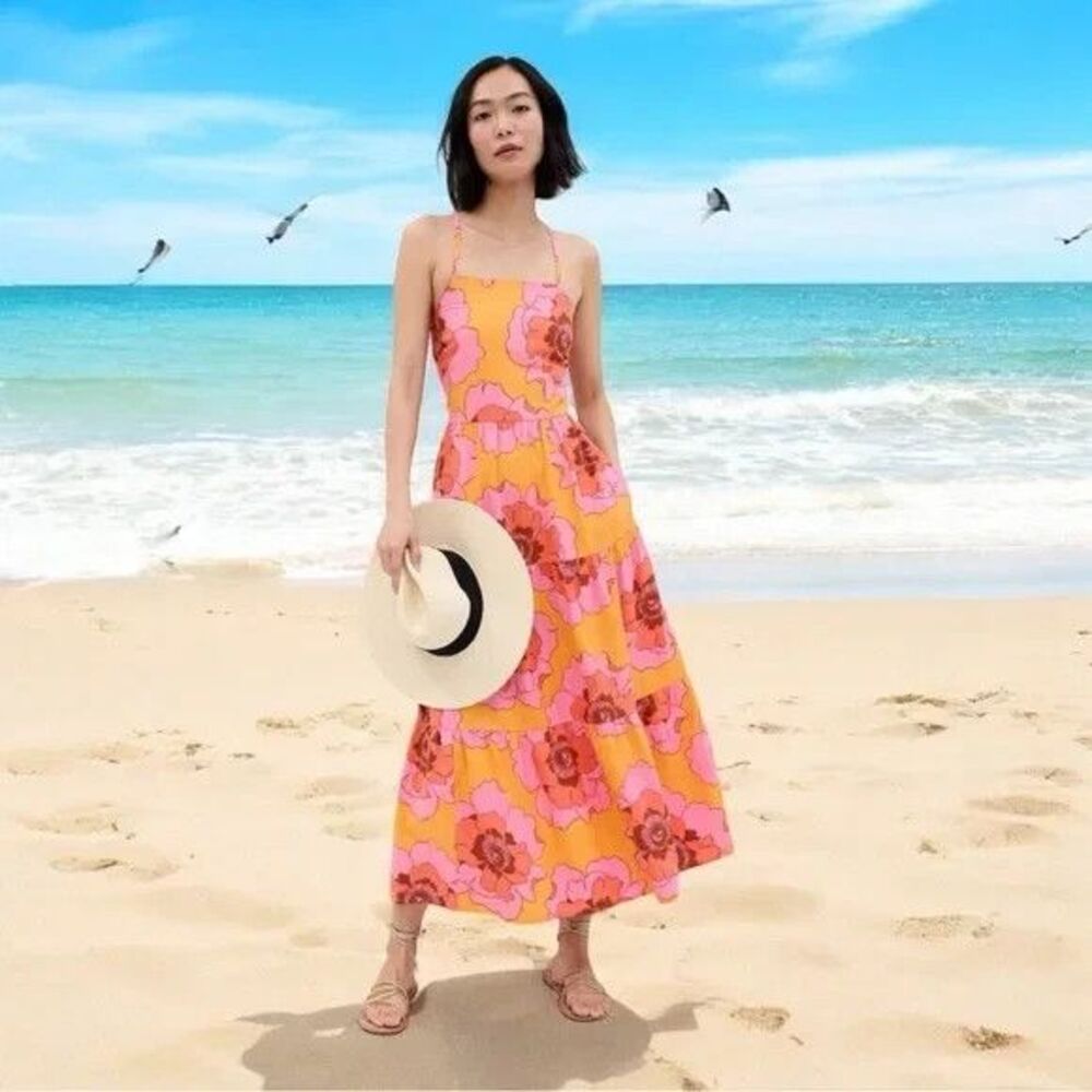 Gap Dress XL Tropical Linen-Blend Tie-Back Tiered Maxi Spaghetti Straps Pink